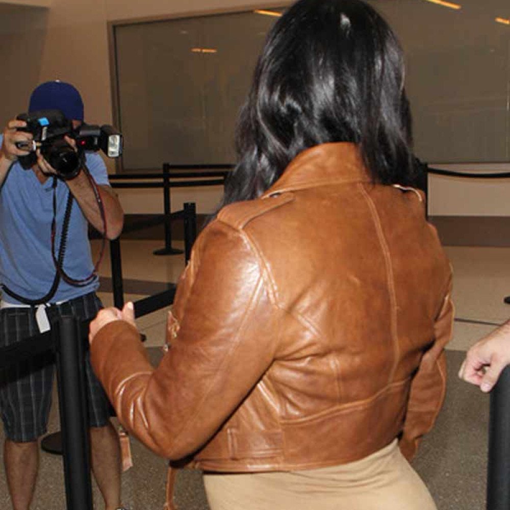 Biker Belted Kim Kardashian Brown Leather Jacket - Films Jackets