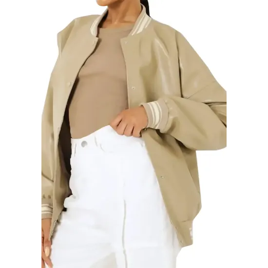 Louisse Beige Leather Varsity Jacket