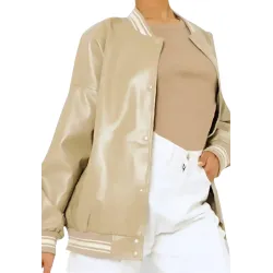 Louisse Beige Leather Varsity Jacket