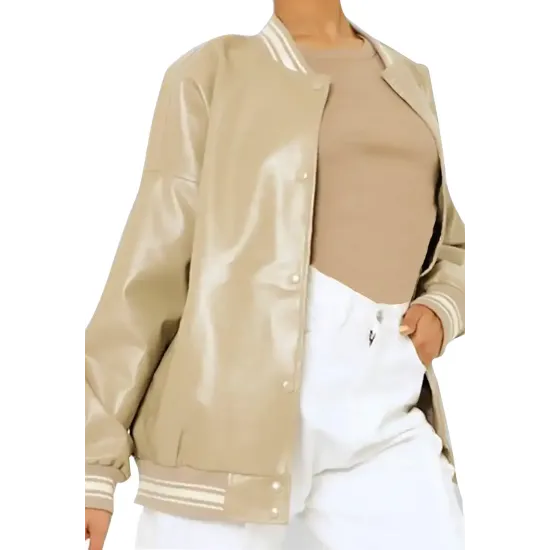 Louisse Beige Leather Varsity Jacket