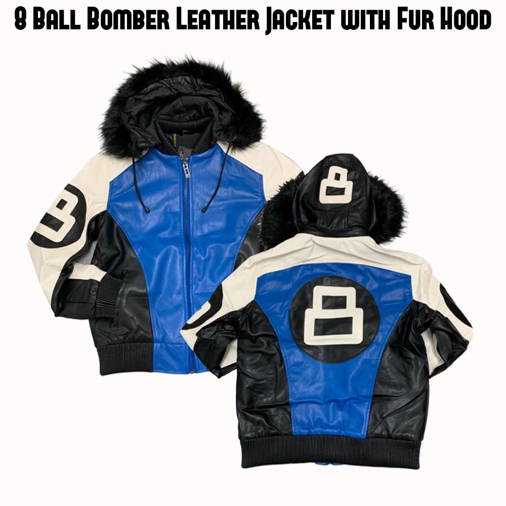 Men's 8 Black White Ball Leather Jacket Blue With Fur Hood