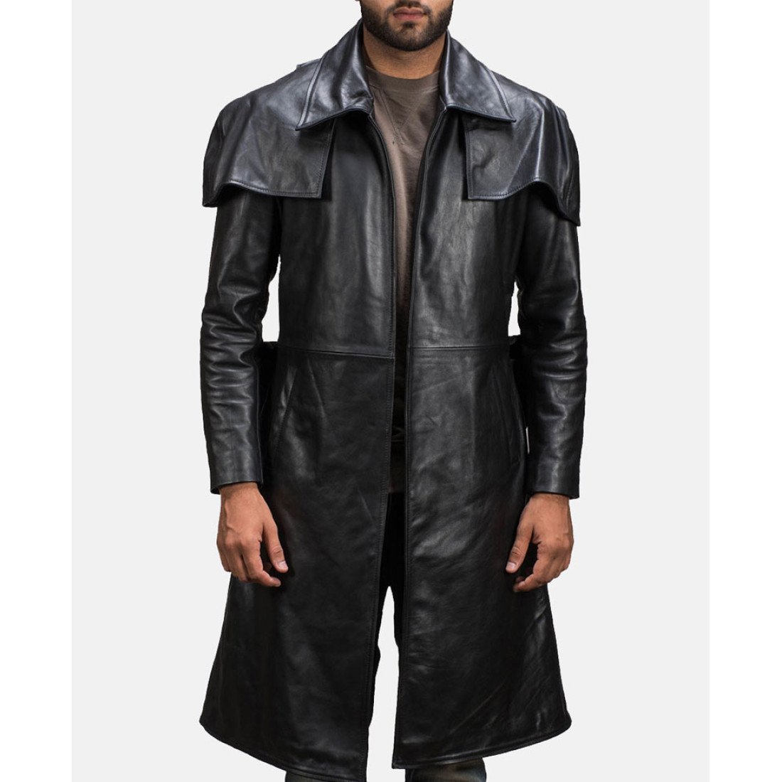 Mens Army Black Leather Duster Coat