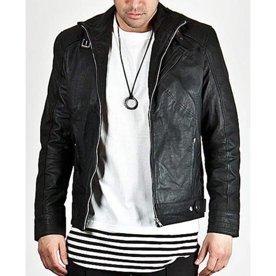 Men's Diagonal Zipper Belted Collar Leather Jacket