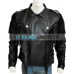 Men's Fringed Biker Beltless Black Leather Jacket