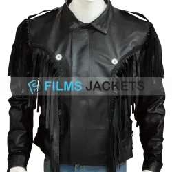 Men's Fringed Biker Beltless Black Leather Jacket