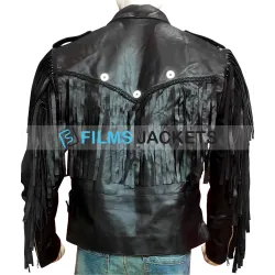 Men's Fringed Biker Beltless Black Leather Jacket