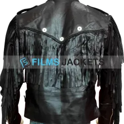 Men's Fringed Biker Beltless Black Leather Jacket