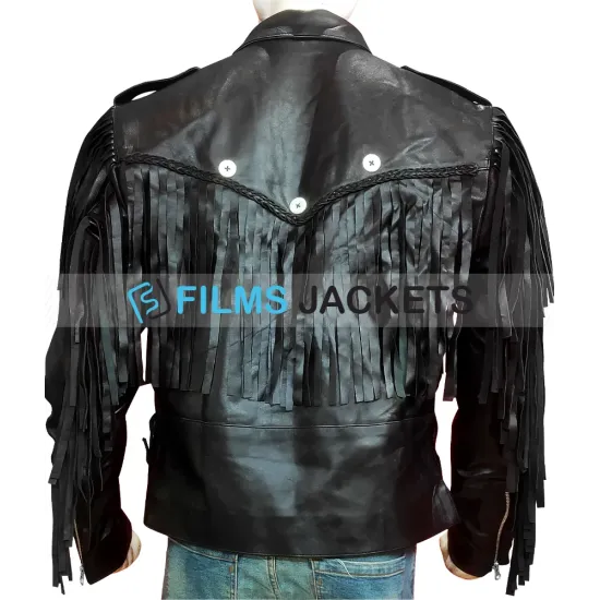 Men's Fringed Biker Beltless Black Leather Jacket