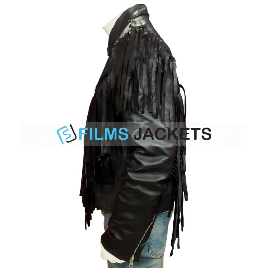 Men's Fringed Biker Beltless Black Leather Jacket