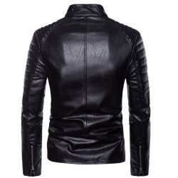 Men's Stand Collar Black Leather Motorcycle Jacket