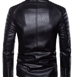 Men's Stand Collar Black Leather Motorcycle Jacket