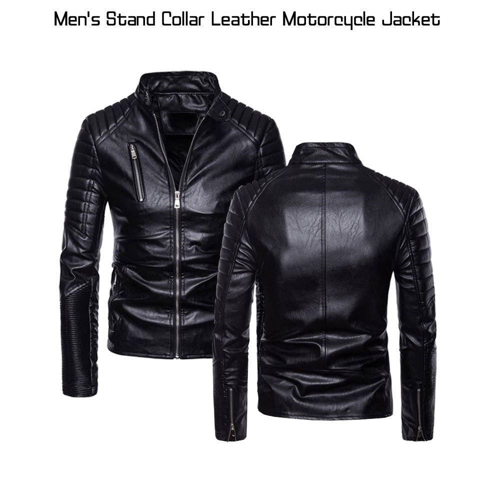 Men's Zipper Pockets Stand Collar Leather Bike Jacket - Films Jackets