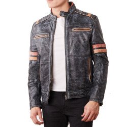 Men's Stonewash Biker Black Leather Jacket