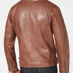 Men's Biker Diamond Quilted Design Asymmetrical Brown Leather Jacket
