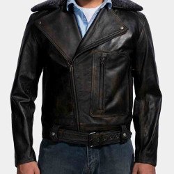 Men's Biker Furton Black Leather Fur Collar Jacket