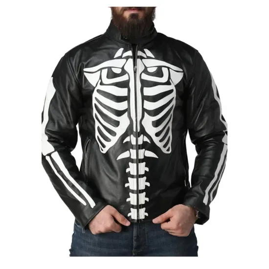 Men's Motorcycle Skeleton Black Leather Jacket