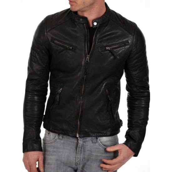 Men's Moto Snap Tab Collar Black Lambskin Leather Jacket