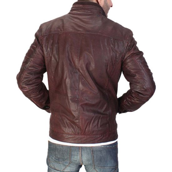 Men's Biker Style Maroon Waxed Leather Jacket