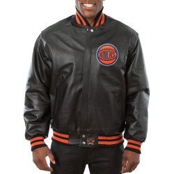 Men's Knicks New York Black Leather Bomber Jacket