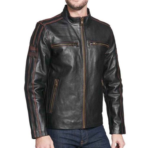 Men's Antique Brown Striped Cycle Black Rivet Leather Jacket - Films ...