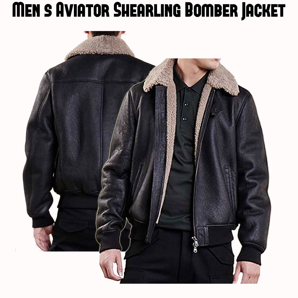 Mens Bomber Black Leather Aviator Jacket - Films Jackets