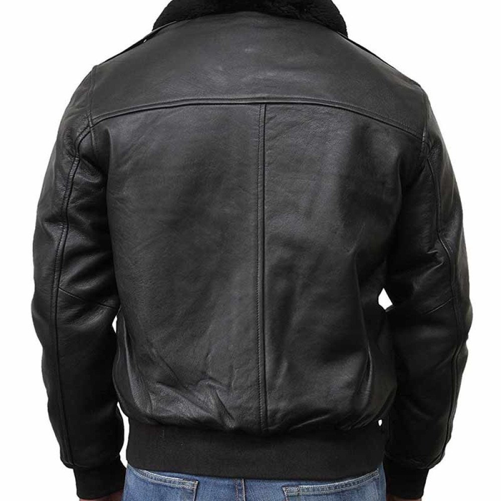 Men's Bomber Black Leather Jacket with Fur Collar - Films Jackets