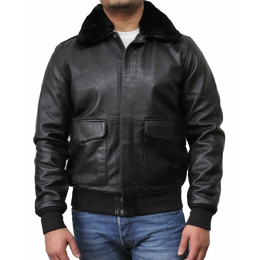 Men's Bomber Black Leather Jacket with Fur Collar - Films Jackets