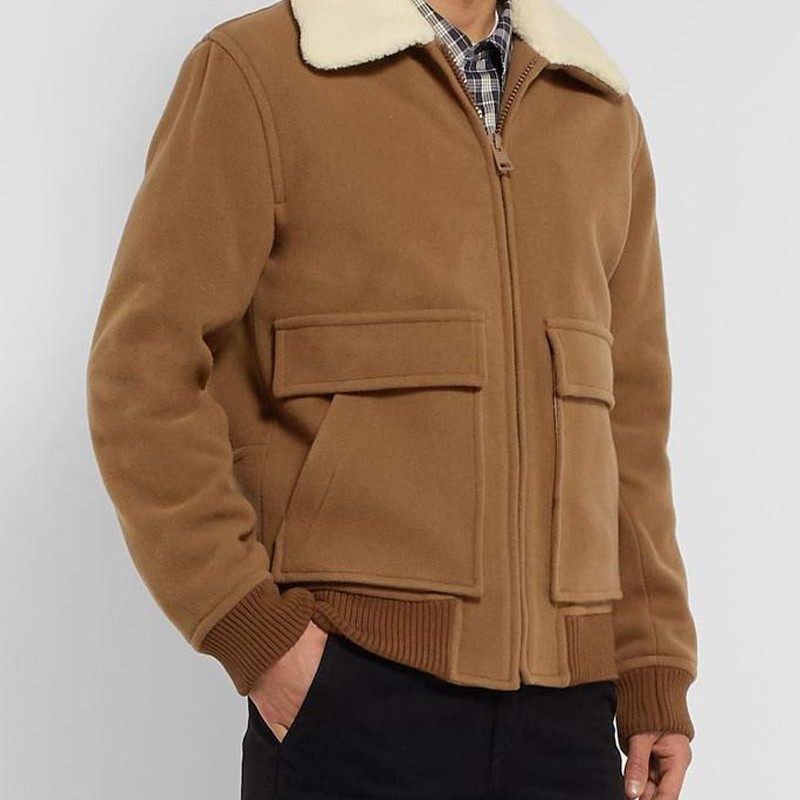 Men's Bomber Brown Wool Jacket with Fur Collar