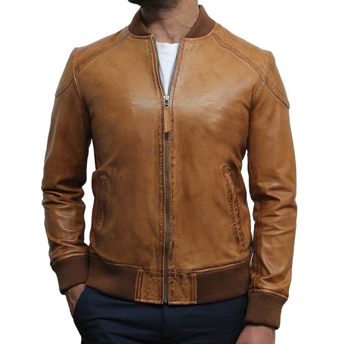 Men's Bomber Lambskin Leather Tan Brown Jacket - Films Jackets