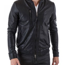 Men's Bomber Style Casual Black Leather Jacket