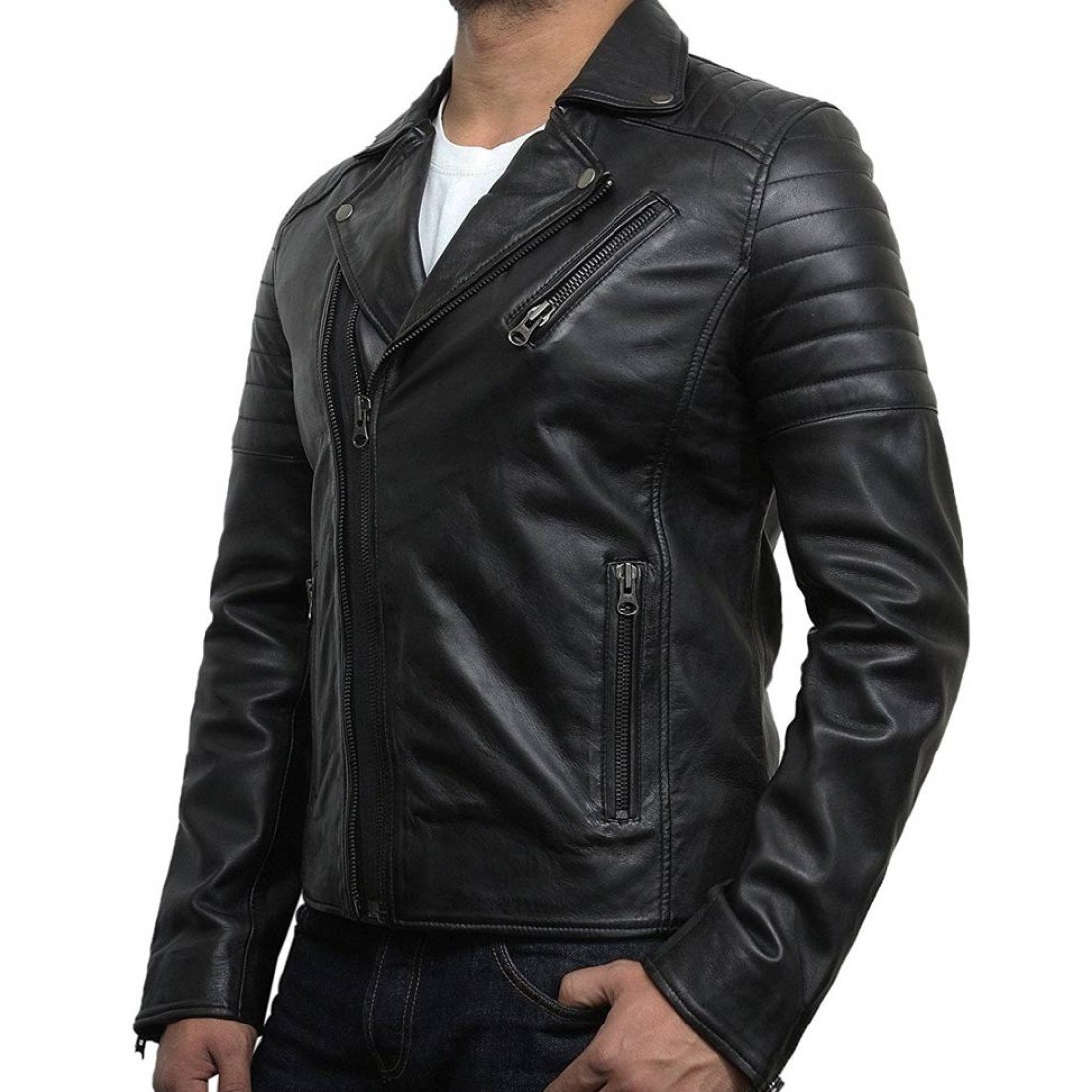 Men's Brando Style Asymmetrical Black Leather Jacket