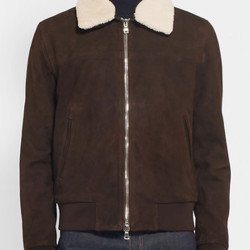 Men's Brown Suede Bomber Shearling Trim Jacket