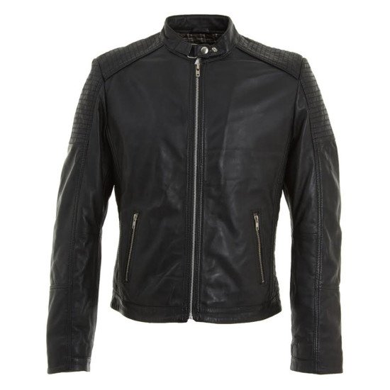 Men's Buckle Neck Style Black Leather Jacket