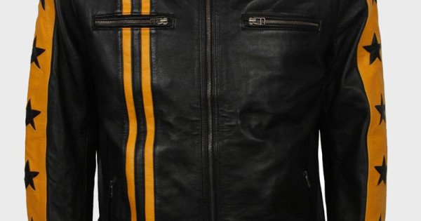 Men's Black Biker Leather Jacket With Yellow Stripes