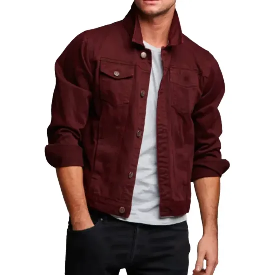 Men's Burgundy Denim Button Closure Jacket