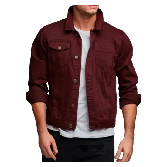 Men's Burgundy Denim Button Closure Jacket