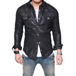 Men's Shirt Collar Casual Lambskin Leather Jacket