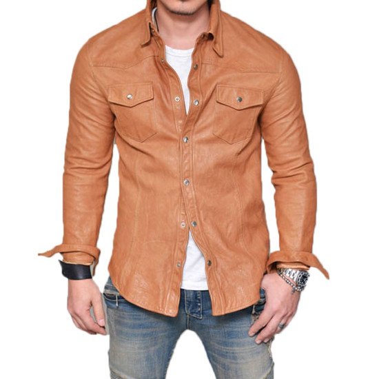 Men's Shirt Collar Casual Lambskin Leather Jacket