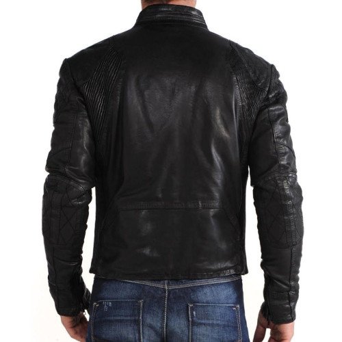 Men's Casual Wear Black Leather Stand Up Collar Jacket - Films Jackets