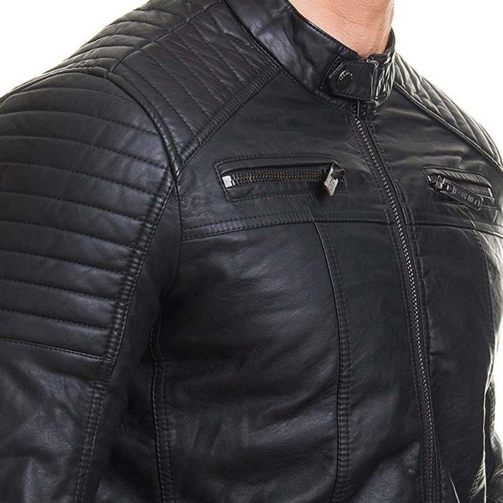 Mens Casual Wear Black Slim Fit Padded Leather Jacket - Films Jackets