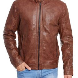 Men's Casual Zipper Collar Brown Leather Jacket