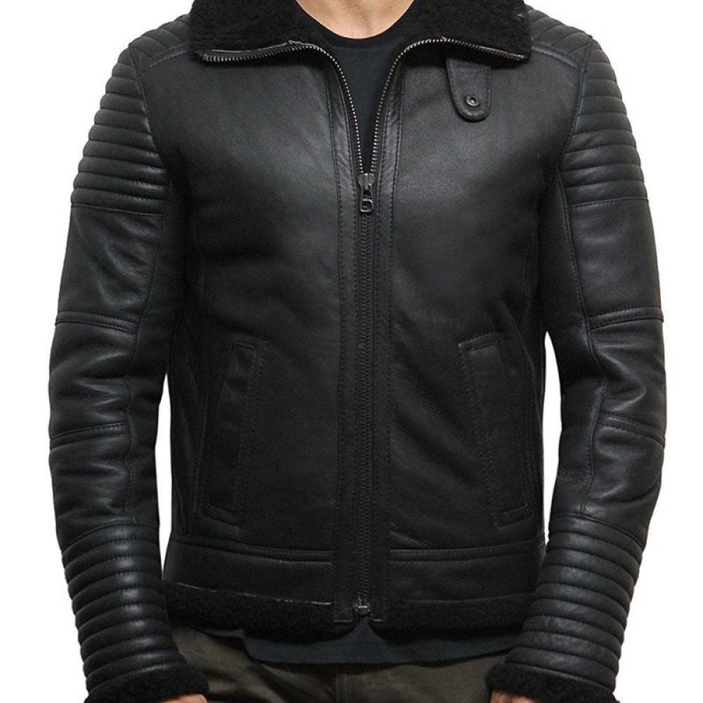 Mens Casual Wear Padded Sleeves Black Sheepskin Jacket - Films Jackets