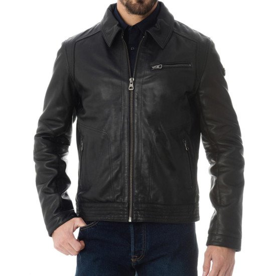 Men's Shirt Collar Casual Wear Black Leather Jacket