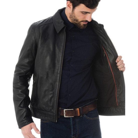 Men's Shirt Collar Casual Wear Black Leather Jacket