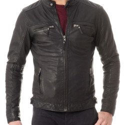 Men's Snap Tab Collar Casual Wear Zipper Black Leather Jacket