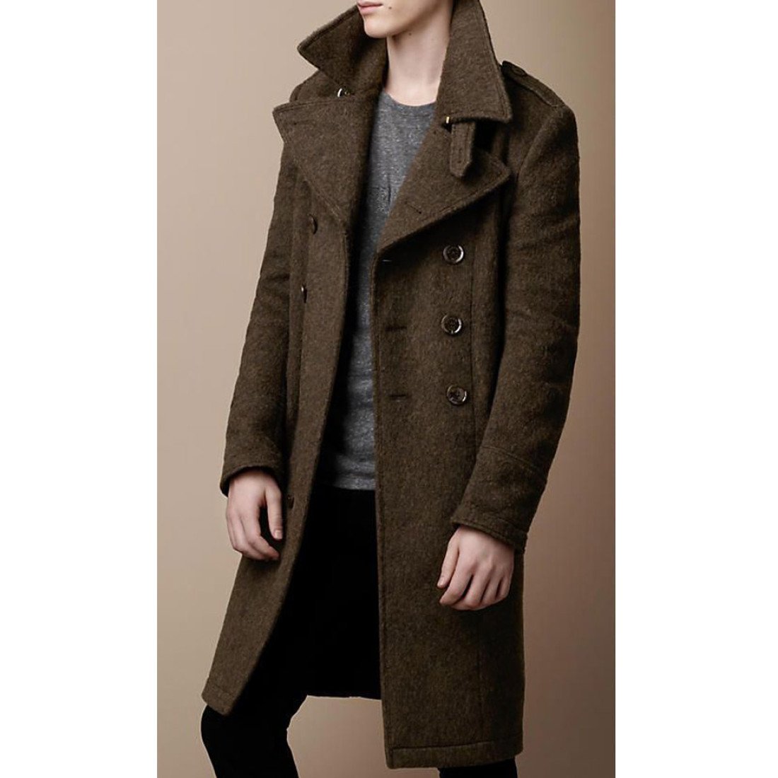 Mens Wool Double Breasted Chocolate Brown Coat Films Jackets