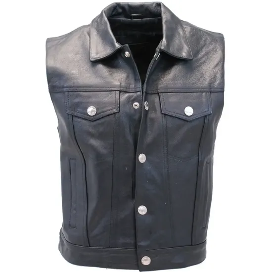 Men's Shirt Collar Denim Style Biker Club Leather Vest