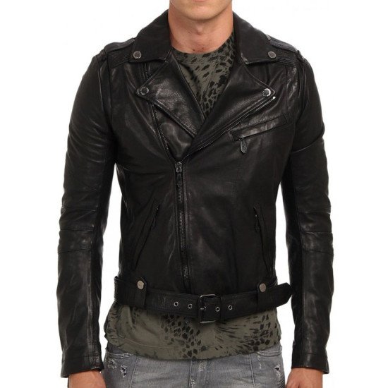 Cropped Black Leather Biker Jacket 