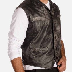 Men's Distressed Leather Button Closure Black Vest