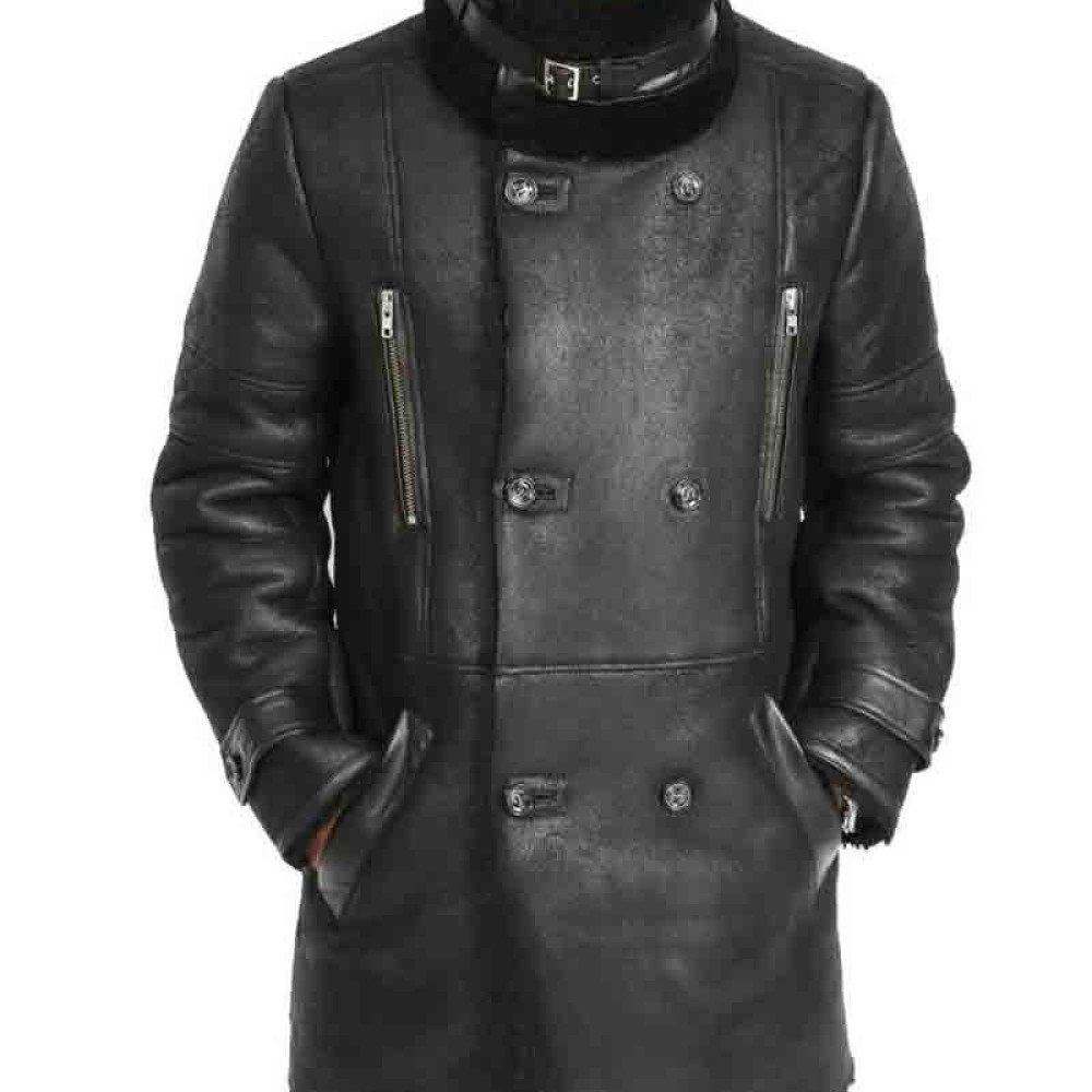 Mens Double Breasted Black Leather Sheepskin Coat Films Jackets 1827